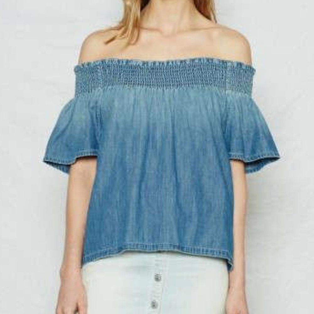 CURRENT ELLIOTT Madeline Denim Smocked Off the Shoulder Top with Optional Straps